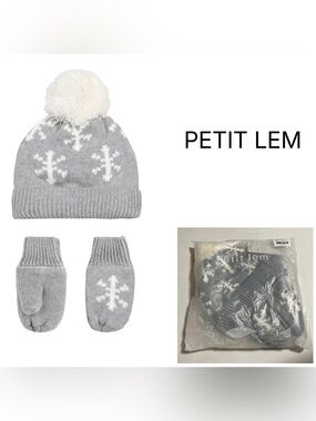 PETIT LEM - 12/24M - NWT - INFANT KNIT GREY / WHITE SNOWFLAKE HAT & MITTENS SET